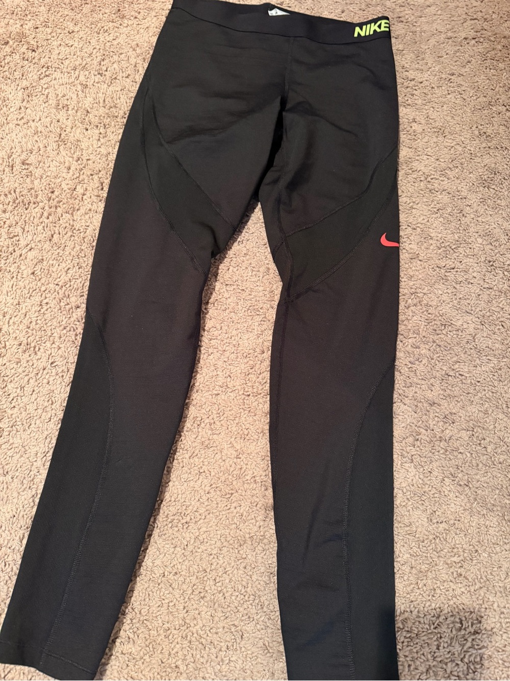 Nike Black Leggings with Neon Yellow Waist and Pink Swoosh
